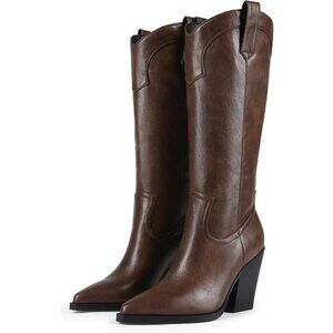 Women's Western Knee High Cowgirl Boots Pointed Toe Chunky Heel Leather Brown2